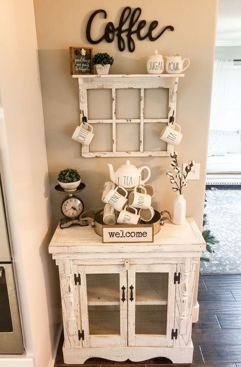 Coffee Bar Table, Coffee Bar Station, Diy Coffee Bar, Farmhouse Coffee Bar, Coffee Bar Design, Home Coffee Stations, Coffee Bars In Kitchen, Coffee Nook, Table Farmhouse