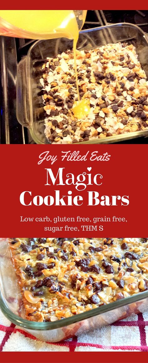 These Magic Cookie Bars taste just like the 'real' ones. No one will ever know they are sugar free, grain free, gluten free, low carb, and a THM S. Galletas Keto, Trim Healthy Mama Dessert, Magic Cookie Bars, Keto Cookie Recipes, Postre Keto, Joy Filled Eats, Thm Desserts, Low Carb Treats, Keto Friendly Desserts