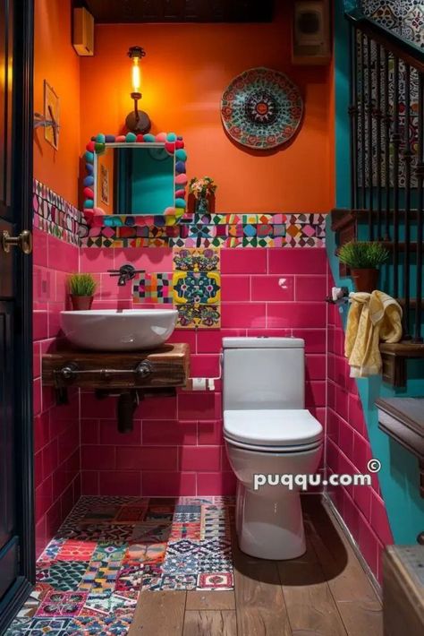 Funky Bathrooms, Colourful Bathroom, Quirky Bathroom, Corner Toilet, Creative Tile, Apartment Cleaning, Small Bath, Small Bathroom Ideas, Butcher Block Countertops