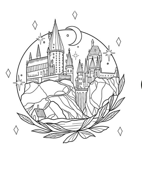 Harry Potter Artwork Draw, Hogwarts Line Drawing, Hogwarts Line Art, Hogwarts Coloring Pages, Hogwarts Tattoo Design, Harry Potter Embroidery Designs, Harry Potter Coloring Sheets, Harry Potter Line Drawing, Broderie Harry Potter