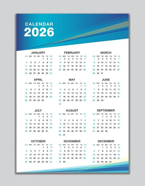 Wall calendar 2026 template, desk calendar 2026 design, Week start Sunday, business flyer, Set of 12 Months, Week starts Sunday, organizer, planner, printing media, calendar design blue background Organizer Planner, Calendar Design Template, Business Calendar, 2022 Design, Calendar 2022, Vector Portrait, Desk Calendar, Background Background, Graphic Design Fun