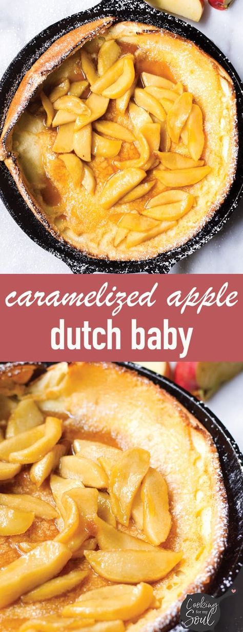 Caramelized Apple Dutch Baby Pancake! This easy Dutch baby recipe is so fun to make. The pancake is tender, and the cinnamon brown sugar apples are delightful #applepancake #dutchbaby #dutchbabypancake | cookingformysoul.com Cast Iron Pancake Recipe, Apple Dutch Baby Recipe, Cast Iron Pancakes, Apple Dutch Baby, German Apple Pancake, Baby Recipe, Mouthwatering Desserts, Dutch Baby Recipe, Honey Crisp