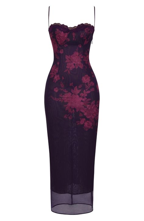 HOUSE OF CB Aiza Floral Underwire Cocktail Dress | Nordstrom Maxi Dress Prom, Floral Print Maxi Dress, Floral Print Maxi, Printed Maxi, Printed Maxi Dress, Purple Dress, Dark Purple, Fitted Dress, Pretty Dresses