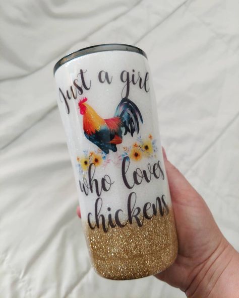 Love this cup!!!! Just a girl who loves chickens! #glittertumblers #glitter #customtumbler #customordered #custom #tumbler #customcups #chickens #entrepreneur #diyshop… Chicken Sayings, Yeti Cup Designs, Coffee Tumblers, Paint Studio, Acrylic Ideas, Random Crafts, Resin Tumblers, Chicken Decor, Glitter Wine