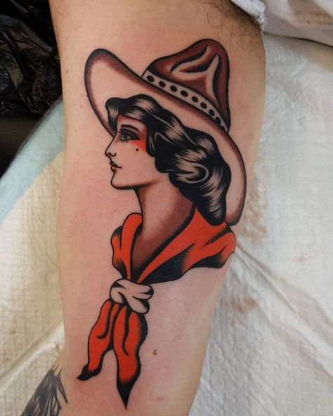 Cowgirl Head Tattoo, Tradional Tattoo Women, American Trad Cowgirl, American Traditional Cowgirl Tattoo, Traditional Tattoo Cowgirl, Neo Traditional Cowgirl Tattoo, Traditional Cowgirl Tattoo, American Traditional Cowgirl, Traditional Cowgirl Head Tattoo