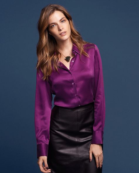 Purple satin button up shirt & black leather skirt | von ejt1977 Shiny Blouse, Satin Clothing, Satin Button Up, Satin Bluse, Purple Blouse, Satin Blouses, Purple Satin, Black Leather Skirts, Leather Pencil Skirt