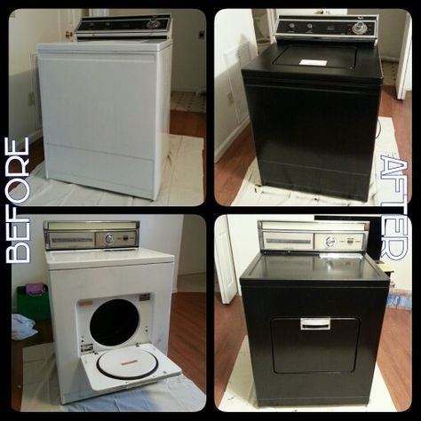 Weekend Project: paint our washer & dryer! These old 60's model appliances didn't fit in with the rest of the house, so we gave them a fresh coat of black paint to update. They look pretty neat! Plus it's amazing that they still work! They don't make things like they used to Old Washer And Dryer Makeover, Painting Washer And Dryer, Painted Washer Dryer, Painted Appliances, Basement Laundry Room Makeover, Painting Appliances, Laundry Room Pantry, Basement Laundry Room, Laundry Room Closet