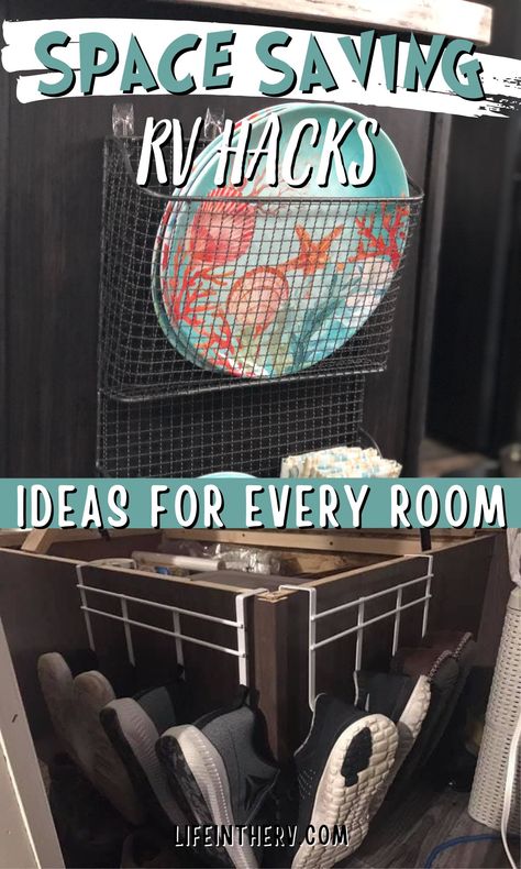 Living In A Small Camper Full Time, Fifth Wheel Organization, Camper Space Savers, Rv Storage Hacks Space Saving, Minimalist Rv Living, Full Time Rv Living Hacks Diy, Rv Must Haves Accessories, Storage Ideas For Rv Living, Shoe Storage For Rv