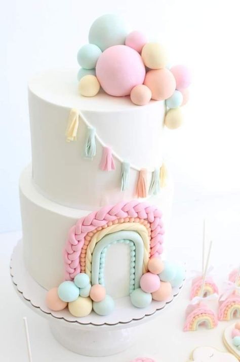 Two Tier Pastel Rainbow Cake, First Birthday Cake Pastel Colors, 1st Birthday Cake Pastel Colors, Birthday Cake Rainbow Pastel, 2 Tier Rainbow Cake, Pastel 1st Birthday Cake, Pastel First Birthday Cake, 1st Birthday Cake Rainbow, Rainbow First Birthday Party Girl