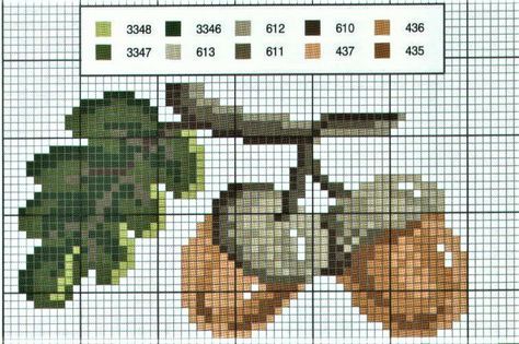 Acorn Cross Stitch, Autumn Cross Stitch Patterns, Fall Cross Stitch, Cross Stitch Kitchen, Cross Stitch Tree, Halloween Cross Stitches, Needlework Patterns, Cute Cross Stitch, Crochet Cross