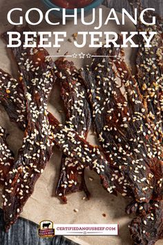 Korean Beef Jerky Recipe, Gochujang Beef, Jerky Marinade Recipes, Beef Jerky Marinade, Jerkey Recipes, Smoked Jerky, Jerky Marinade, Beef Appetizers, Homemade Beef Jerky