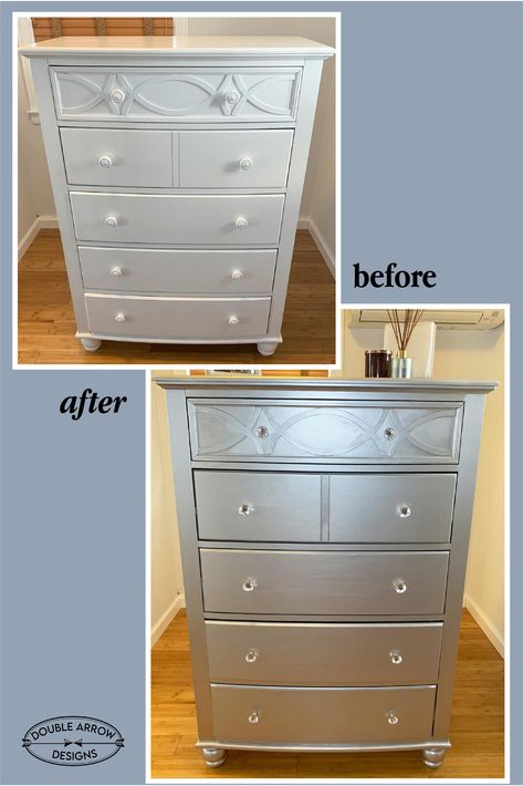 In this post I will show you how to paint a metallic dresser. I usually use an eggshell base for painting furniture, but for this project I used a matte silver metallic paint. #diyfurniture #diy #diyhome #paintedfurniture Silver Bedroom Furniture, Silver Painted Furniture, Metallic Dresser, Paint Dresser Diy, Silver Headboard, Metallic Painted Furniture, Painted Vanity Bathroom, Silver Dresser, Arrow Designs