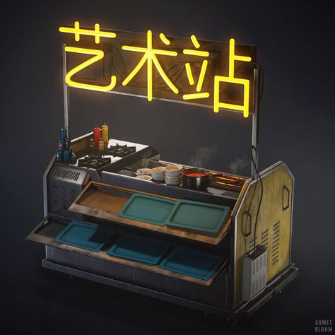 Modeling and Texturing a Sci-Fi Ramen Shop Sci Fi Shop Concept Art, Sci Fi Market, Sci Fi Table, Cyberpunk Signs, Sci Fi Bar, Sci Fi Food, Cyberpunk Food, Cyberpunk Props, Three Point Lighting