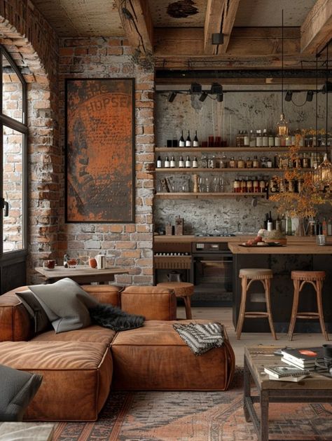 Industrial Style Loft Apartment, Industrial And Wood Decor, Artsy Loft Interior Design, Wood Furniture Color Ideas, Mill Loft Apartment Decor, Urban Design Interior, Industrial Loft Floor Plans, Brick Interior Design Living Rooms, Brick Apartment Interior