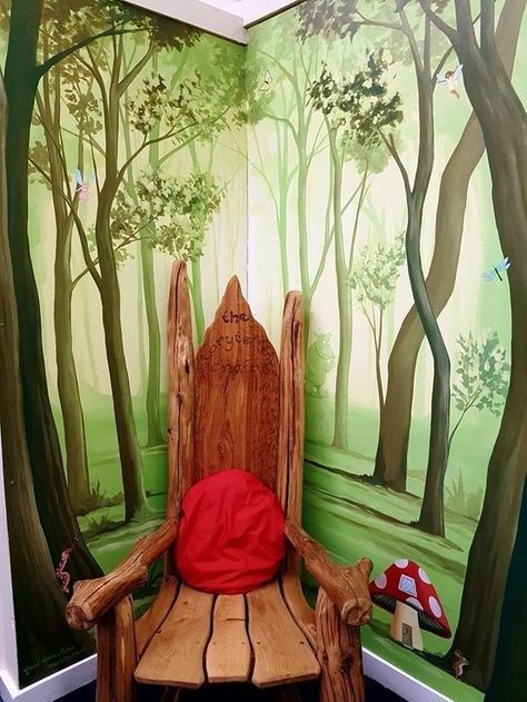 Enchanted Forest Theme Library, Mural For Library, Ks1 Library, Fairytale Mural, Woodland Library, Fantasy Mural, Forest Murals, Enchanted Forest Mural, Library Murals