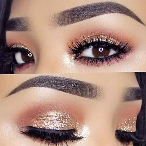 Eyeshadow For Brown Eyes: Embrace Your Inner Makeup Artist | Glaminati.com Brown Eyeshadow With Glitter, Brown Glam Eyeshadow, Eyeshadow Brown And Gold, Shimmer Brown Eyeshadow, Brown Eyeshadow With Gold Glitter, Eyeshadow For Brown Eyes, How To Apply Eyeshadow, Brown Eyes, Makeup Artist