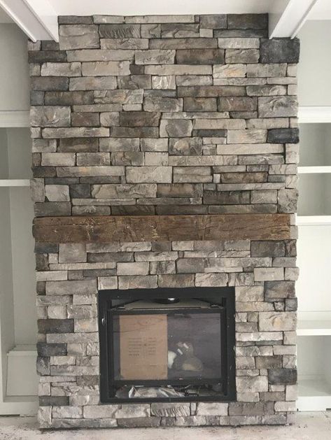 Our fireplace stone - Huron Old Country Ledge from Builder's Stone Masonry Stone Fireplace Without Hearth, Fireplace Grey Stone, Natural Stone Fireplaces Farmhouse, Stone Ledger Fireplace, Gray Stone Fireplace, Fireplace Wall Ideas Stone, Fireplace Stone Wall, Ledge Stone Fireplace, Contemporary Fireplace Decor