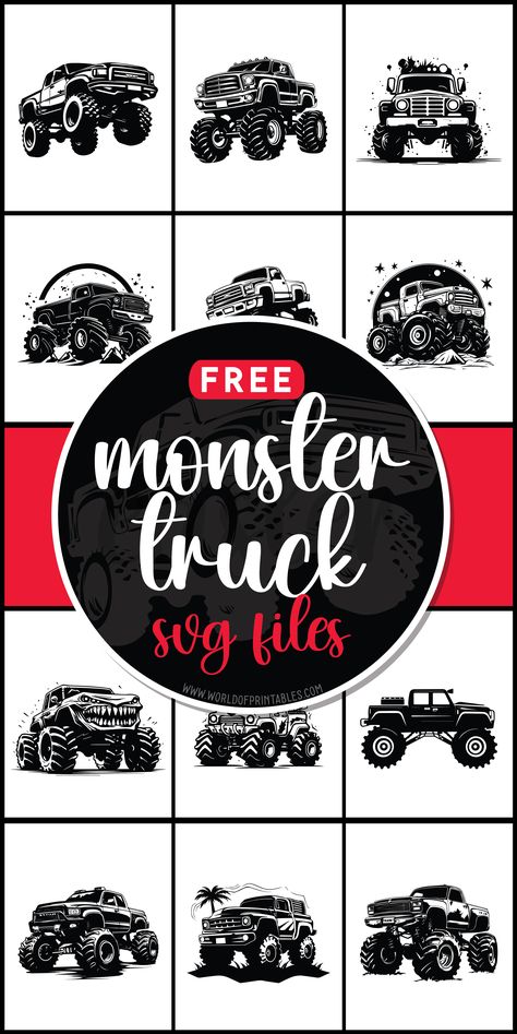 Rev up your crafting game with free monster truck SVG files! Drive into excitement with bold designs perfect for adding a rugged edge to your projects. 🚚💨 Cricut Monster Truck, Monster Jam Svg Free, Monster Truck Svg Free, Truck Svg Free, Truck Silhouette, Monster Truck Svg, Cricket Machine, Svgs Free, Freebie Svg