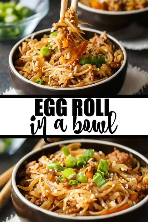 Egg Roll in a Bowl - Everything you love about egg rolls without all the fuss! Forget the wrapper and enjoy the delicious and savoury taste of the inside of an egg roll. So easy to make in your Crock-Pot. #slowcooker #eggroll Egg Roll In A Bowl Slow Cooker, Crockpot Eggroll Bowl, Egg Roll In A Bowl Crockpot Recipe, Slow Cooker Egg Roll In A Bowl, Crockpot Egg Roll In A Bowl, Egg Roll Noodle Bowl, Enroll In A Bowl, Telur Gulung, Simply Stacie