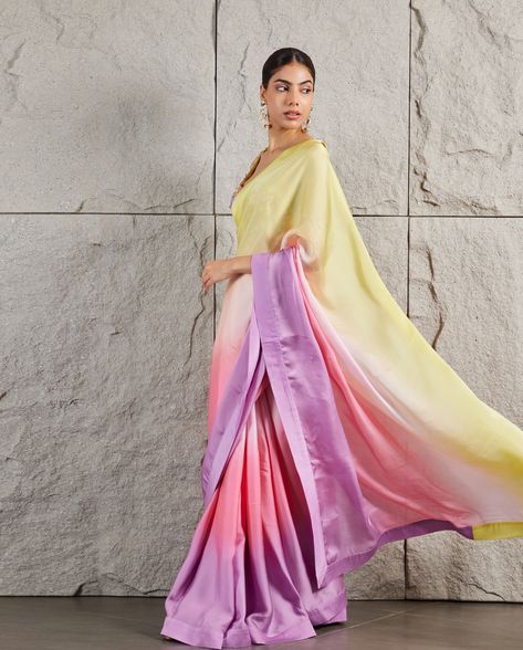 Drifting in soft elegance with a pastel ombre organza satin saree, gracefully paired with a lemon-hued crepe blouse adorned with intricate floral embroidery and delicate crystal detailing, creating a perfect blend of charm and sophistication ✨ Ombre Saree, Pastel Ombre, Crepe Blouse, Satin Saree, Floral Embroidery, Saree Designs, Lemon, Saree, Pastel