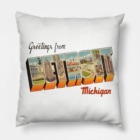 Retro greetings from Detroit Michigan. Excellent gift or souvenir. -- Choose from our vast selection of throw pillows to match with your desired size to make the perfect custom pillow. Pick your favorite: Movies, TV Shows, Art, and so much more! Available in extra small, small, medium, large. For beds, couches/sofas, love seats, and chairs. Perfect for decoration. Detroit Michigan, Pillow Design, Custom Pillow, Custom Pillows, Love Seat, Michigan, Favorite Movies, Tv Shows, Throw Pillows