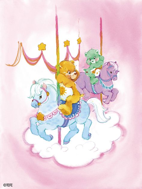 Care Bears: Funshine and Wish Bear on a Carousel Care Bear Illustration, Care Bears Artwork, Care Bears Art, Vintage Carebear Aesthetic, Care Bears Aesthetic, Vintage Care Bears Art, Care Bears Wish Bear, Care Bears Wallpaper, Original Care Bears