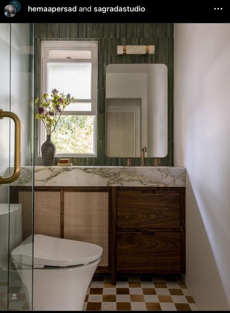 Fun Bathroom Vanity, Checkered Powder Room, Checkered Tile Bathroom, Half Bath Vanity, Fun Tile, Checkered Tile, Under Bathroom Sink, Walnut Vanity, Fresh Bathroom