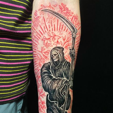 Embracing the darkness with new ink! 💀✨ Channeling my inner reaper with this badass tattoo! 🔥🖤 When life gives you lemons, get a Grim Reaper tattoo! Leave a comment below 🤩 💥CHECK OUR LINK ON BIO FOR APPOINTMENT 💥MAKE A DEAL AND SECURED YOUR SPOT 💥GET FREE TATTOO CONSULTATION ▪️ALL TATTOO STYLE ▪️WORLD CLASS WINNING TATTOO ARTISTS ▪️INTERNATIONAL HYGIENE STANDARDS ▪️CUSTOM DESIGN ▪️SPONSORED BY FAMOUS TATTOO BRANDS ▪️FREE PICKUP SERVICE BALI AREA ▪️HOME SERVICE BALI AREA #tattoosofinstagr... Tattoo Bible, Boat Tattoo, Don't Fear The Reaper, Winning Tattoo, Grim Reaper Tattoo, Reaper Tattoo, Famous Tattoos, Leg Tattoo, Badass Tattoos