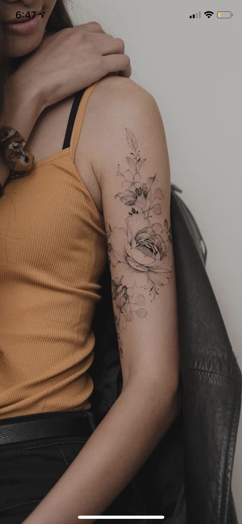 Upper Arm Woman Tattoo, Bicep Tattoo Placement Women, Floral Tattoo Arm Placement, Botanical Upper Arm Tattoo, Floral Bicep Wrap Tattoo, Fine Line Upper Arm Tattoos For Women, Delicate Upper Arm Tattoos For Women, Delicate Half Sleeve Tattoos For Women, Floral Tattoo Ribcage