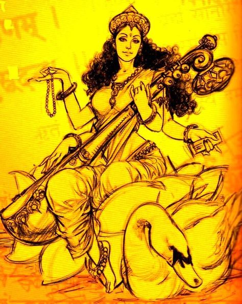 Saraswati Saraswati Painting Art Sketch, Saraswati Tattoo, Devi Saraswati, Saraswati Picture, Saraswati Painting, Saraswati Mata, God Painting, Saraswati Goddess, Indian Goddess