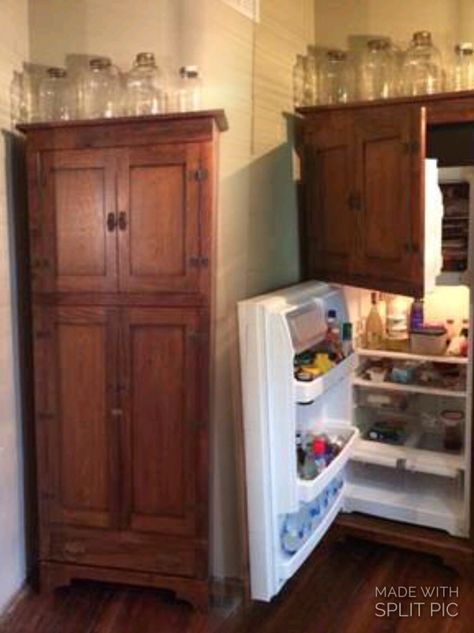 Cottage Kitchen Refrigerator, Diy Hidden Refrigerator, Hide Refrigerator, Hidden Fridge Built Ins, Hidden Refrigerator, Hidden Fridge, Dark Academia Kitchen, Cabin Kitchen Decor, Fridge Makeover