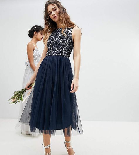 Maya Sleeveless Sequin Bodice Tulle Detail Midi Bridesmaid Dress With Cutout Back Bridesmaid Stuff, Trendy Dresses Formal, Embellished Crop Top, Midi Bridesmaid Dress, Tulle Midi Dress, Tulle Midi Skirt, Midi Dress Style, Asos Dress, Birthday Dress