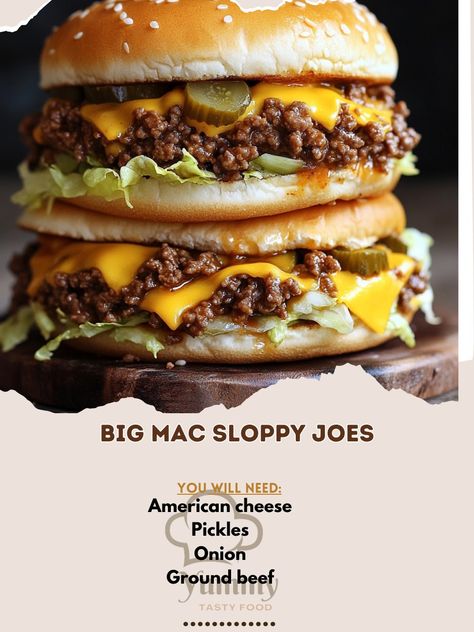 🍔🥪 Craving a twist on the classic? Try these Big Mac Sloppy Joes for a flavorful, messy bite! #BigMacJoes Big Mac Sloppy Joes Ingredients: Ground beef (1 lb) Onion (1, diced) Pickles (1/2 cup, diced) American cheese (4 slices) Burger buns (4 pcs) Ketchup (2 tbsp) Mustard (1 tbsp) Mayonnaise (1/4 cup) Lettuce (1 cup, shredded) Instructions: Cook ground beef and onion in a skillet. Stir in ketchup, mustard, and mayo until well combined. Pile beef mixture onto buns, top with cheese, pickles,... Big Mac Bowl, Big Mac Sloppy Joes, Big Mac Sloppy, Cheese Pickles, Cozy Fall Recipes, Festive Drinks, American Cheese, Pickled Onions, Burger Buns