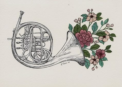 Horn Trumpet Tattoo, French Horn Music, French Horns, Flash Ideas, Drawing Instruments, Music Project, Band Nerd, Music Drawings, Band Geek