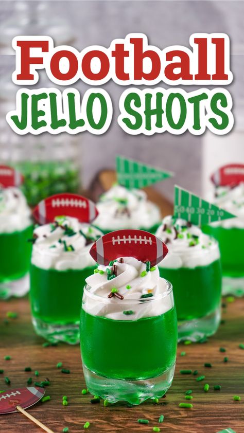 Serve these green football jello shots at your next game-watching party! They look just like turf and match your game-day decor. Game Day Jello Shots, Football Jello Shots, Lime Jello Shots, Football Themed Food, Popular Mixed Drinks, Margarita Jello Shots, Best Jello Shots, Green Jello, Party Spread