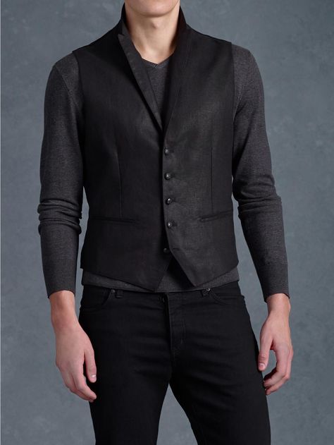 Five Button Peak Lapel Vest - John Varvatos John Varvatos Style, Steampunk Men Clothing, Boots Outfit Men, Waistcoat Men, Men's Sweaters, Men's Jackets, Peak Lapel, Men Style Tips, John Varvatos