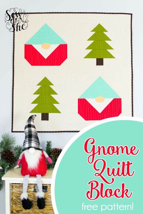 Sew a Gnome Quilt - Free Block Pattern Quilted Gnome Pattern, Gnome Quilt Block Free Pattern, Gnome Quilt Patterns Free, Gnome Quilt Block, Gnome Quilt, Gnome Forest, Binding Tips, Tree Quilt Block, Rug Binding