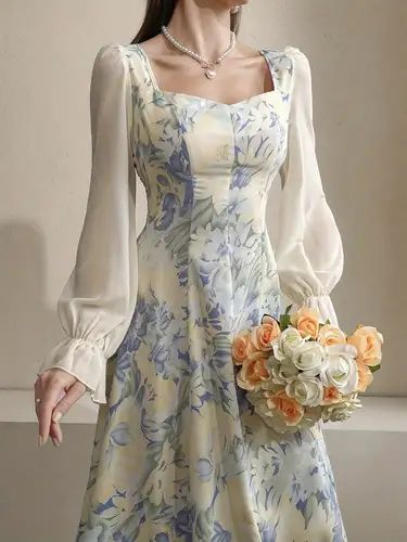 فستان زهري, Printed Long Dress, Modest Dresses Casual, Royal Dresses, Women Long Sleeve Dress, Stylish Dress Book, Modest Fashion Outfits, Floral Dress Summer, Trending Dresses