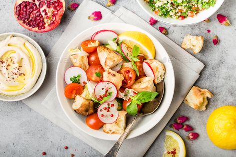 Fattoush middle eastern salad by its_al_dente. Fattoush bread salad. Middle eastern/arabic traditional dish, concrete rustic background. Fattoush bread salad, tabbo... #Sponsored #its_al_dente, #bread, #Middle, #salad Zone Meals, Blue Zone Recipes, Zone Diet Recipes, Blue Zones Recipes, Longevity Recipes, Zone Recipes, Mediterranean Diet Recipes Dinners, Mediterranean Meals, Zone Diet