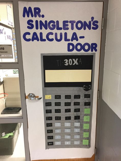 Classroom Door Ideas Math, 8th Grade Math Classroom, Math Door, Math Door Decorations, Slope Math, Teacher Door Decorations, Classroom Door Displays, Math Calculator, Math Bulletin Boards