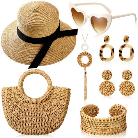 PRICES MAY VARY. Rattan Essential Set for Women: discover the charm of quality materials in our comprehensive rattan set for women, including 1 straw bag, 1 sun straw beach hat, 1 pair of summer sunglasses, 1 rattan bracelet, 1 long necklace and 2 pairs of rattan earrings; Exquisitely handcrafted, each item in the set exudes a bohemian vibe Summer Bohemian Style for Women: unleash your inner hippie with our beach bag and hat set for women; The khaki hat, light coffee colored bag and beige sungla Beach Bag Outfit, Rattan Jewelry, Caribbean Vacation Outfit, Vacation Sunglasses, Rattan Earrings, Straw Beach Hat, Caribbean Fashion, Resort Accessories, Vacation Hat