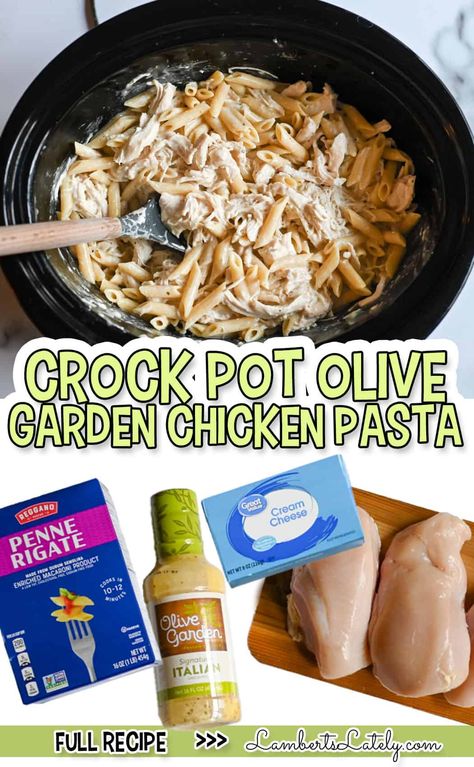 Crockpot Olive Garden Chicken Pasta is the easiest slow cooker recipe! This dump-and-go dinner makes the most flavorful, tender chicken in a rich, creamy pasta. Olive Garden Chicken Pasta Crockpot, Slow Cooker Olive Garden Chicken, Crock Pot Pasta, Olive Garden Chicken Pasta, Pasta Crockpot, Olive Garden Italian Dressing, Garden Italian, Olive Garden Pasta, Olive Garden Chicken