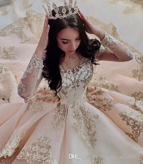 Champagne Quinceanera, Cinderella Prom Dress, Luxury Champagne, Champagne Quinceanera Dresses, Princess Evening Dress, Long Sleeve Ball Gowns, Discount Wedding Dresses, Princess Prom Dresses, Sheer Wedding Dress