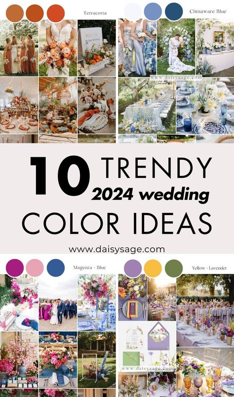 Embrace the future of wedding aesthetics with the trendiest colors for 2024. Get inspired and create a memorable event. Popular Wedding Color Schemes, Wedding Theme 2024 Trends, 2024 Wedding Colours, Color For Wedding Ideas, Wedding Theme Colors 2024, Wedding Colour Theme Ideas, Wedding Colors For 2024, Wedding Theme Ideas 2024, 2024 Wedding Theme