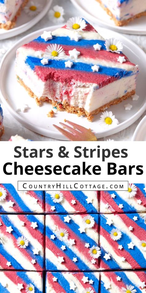 Easy red white and blue cheesecake bars are creamy, smooth, and easy to make. This simple no-bake dessert recipe is perfect for patriotic celebrations like the 4th of July, Memorial Day, or Labor Day. The bars are then topped with fluffy red, white, and blue whipped cream studded with flag-colored sprinkles for a festive touch. Star sprinkles and edible flowers complete the patriotic stars and stripes look. You can make the bars with a graham cracker or Oreo crust. | CountryHillCottage.com Red White Blue Cheesecake, Cheesecake Bars No Bake, Red White And Blue Cheesecake, Dessert No Bake, Blue Cheesecake, Cottagecore Recipes, Cookie Craft, Star Sprinkles, 4th Of July Desserts