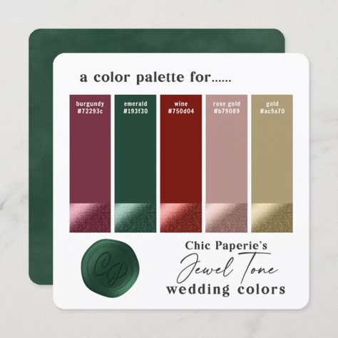 Jewel Tone Swatches Wedding Color palette Card Jewel Tone Wedding Colors, Bold Wedding Colors, Winter Wedding Color Palette, Blush Color Palette, Wedding Color Combinations, Rose Gold Wedding Invitations, Gold Wedding Colors, Emerald Green Weddings, Jewel Tone Wedding