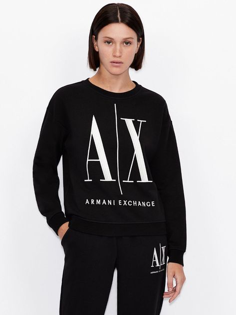 Armani Exchange 100% Cotton Logo Front Sweat - Black | very.co.uk White Hooded Sweatshirt, Iconic Women, Armani Exchange, White Sweatshirt, Grey Sweatshirt, Long Sleeve Sweatshirts, Grey Sweater, Pullover Sweatshirt, Black Sweaters