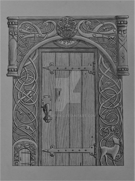 Norway Doorway B+W by one-rook Viking Doorway, Norse Architecture, Viking Door, Viking Architecture, Viking Hall, Viking Longhouse, Viking Knotwork, Norway Viking, Viking House