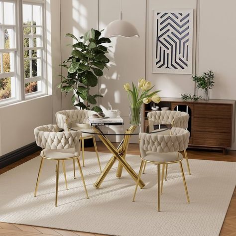 Amazon.com - yeag Round Glass Dining Table Set for 4, 47 Inch Round Clear Tempered Glass Dining Room Table (Round Leg) & 4 Beige Woven Velvet Upholstered Dining Chairs with Gold Metal Legs for Kitchen Dining Room - Table & Chair Sets Dining Room Ideas Glass Table, Dining Room Table Round, Modern Classic Dining, Cozy Chairs, Woven Chairs, Round Glass Dining Table, Glass Dining Room, Glam Dining Room, Chaise Beige