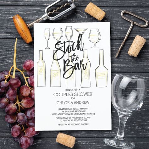 Black White Stock the Bar Couples Shower Invite Stock The Bar Party Invitations, Stock The Bar Party Ideas Decorations, Stock The Bar Party Ideas, Stock The Bar Party, Elegant Bridal Party, Modern Hand Lettering, Wedding Showers, Bar Glasses, Bar Party